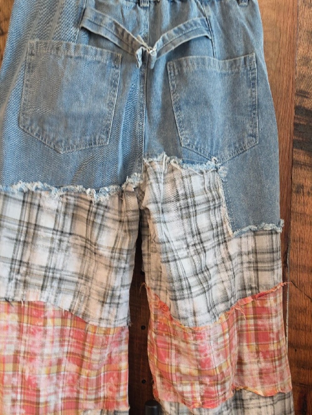 121p POL Patchwork Flare Jeans in Blue Denim with Plaid Panels - Picture 8 of 10